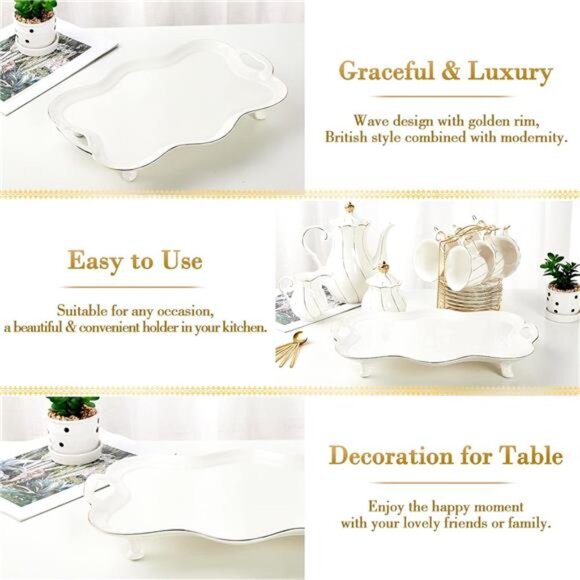 Porcelain Serving Tray with Handles Luxury Tea Tray Coffee Table Decor Gold Rim - Picture 4 of 6